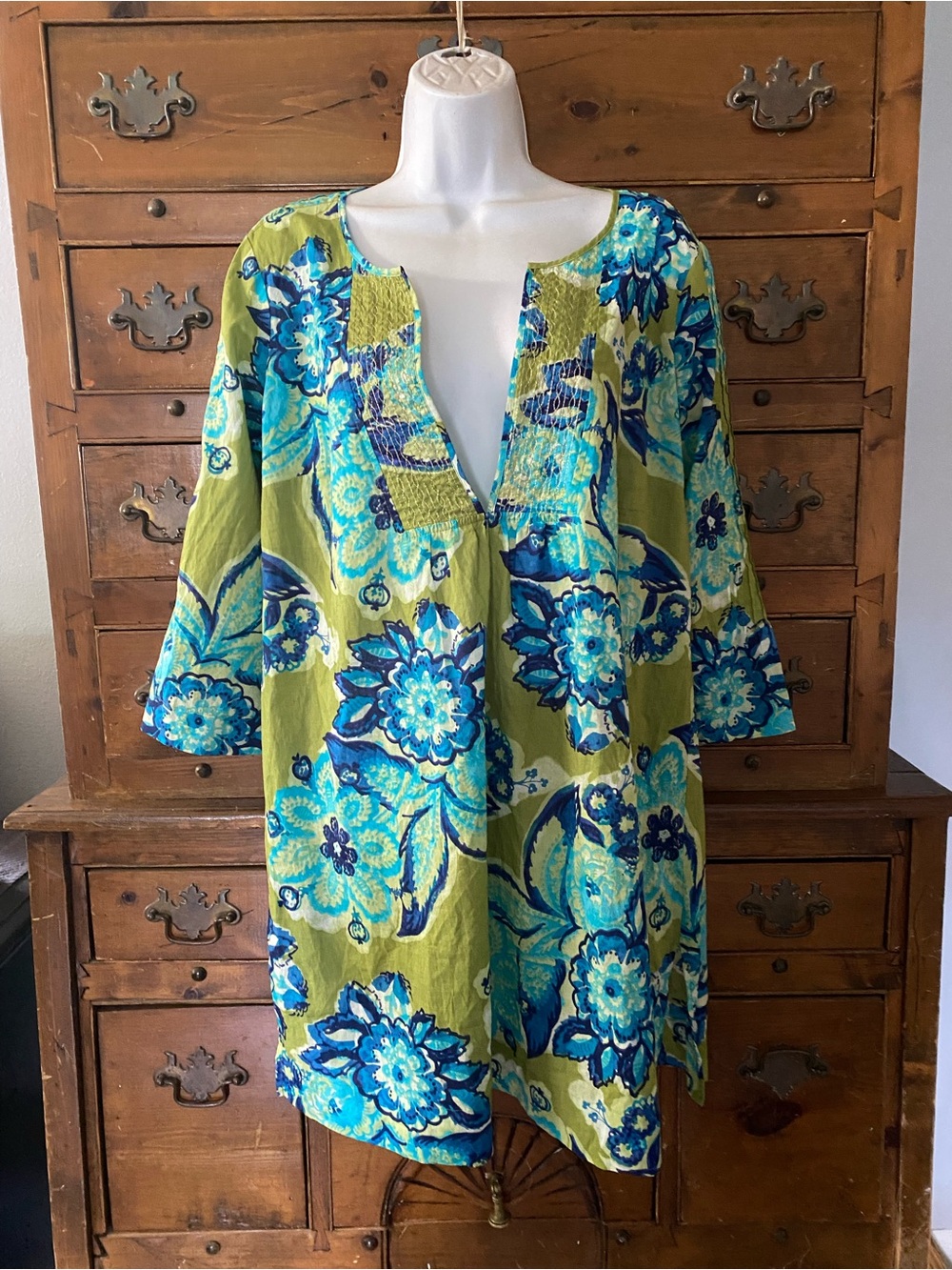 (A65)Women’s Green & Blue Floral Swim Cover-Up Tunic Size M by Néw York & Co